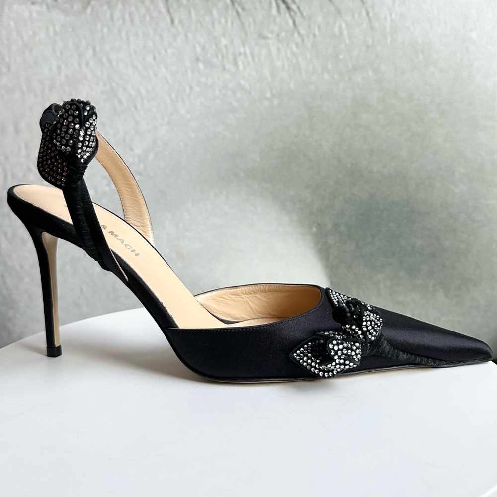 🌺MACH & MACH🌺 Wonder Tulip Satin Slingback Pumps Black Size: 38 - Picture 7 of 14